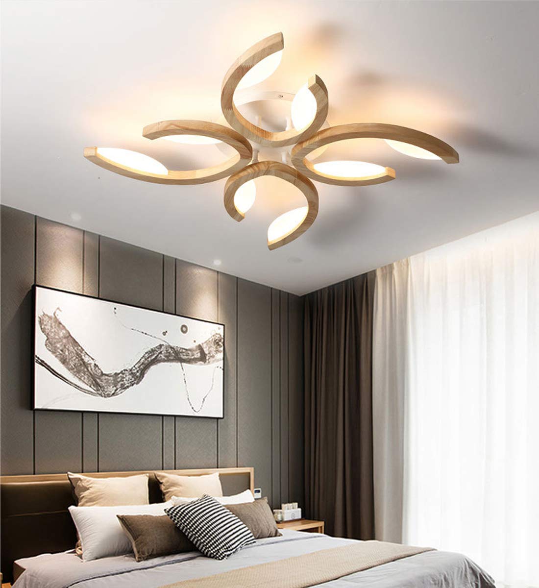 lampada da soffitto legno LED, plafoniera luce bianca calda per salotto, lampadario camera da letto, lampade design floreale, lampada da cucina, paralume decorativo in acrilico, Ø72cm, 24W, 1800lm