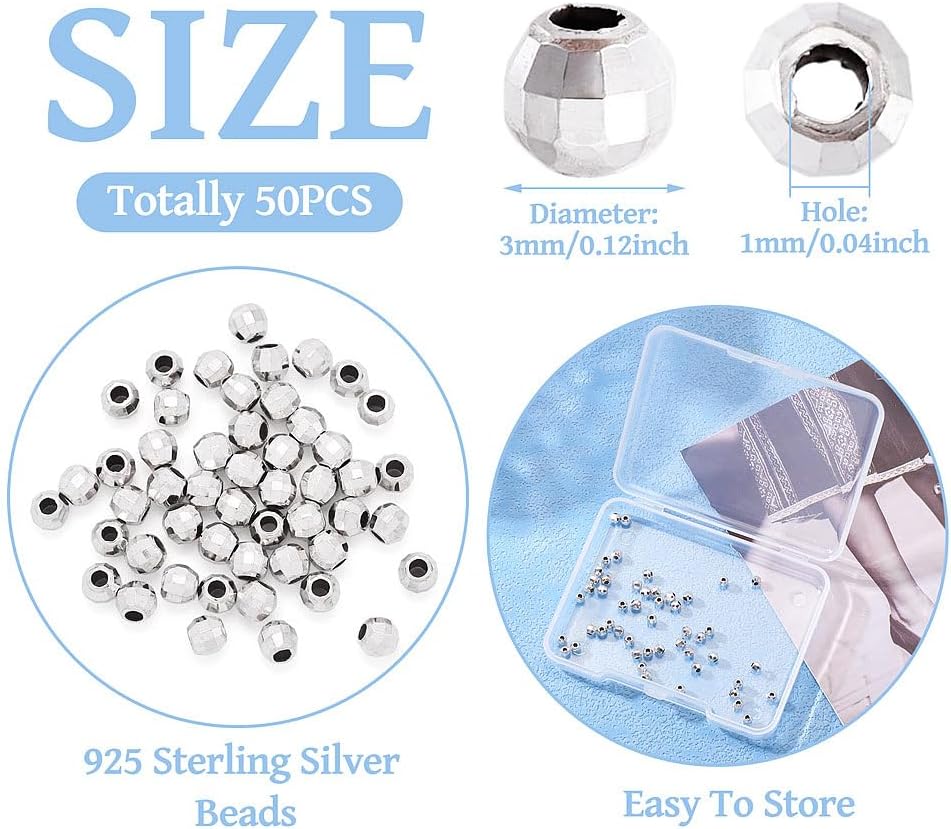 FASHEWELRY 50 Pcs 925 Sterling Silver Round Beads Bulk 3 mm Focal Beads Round Ball Beads Faceted Loose Spacer Beads for Bracelet Necklace Earring DIY Crafts Jewelry Making - Image 6