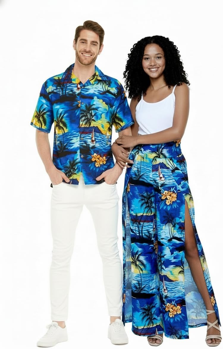 Matchable Couple Hawaiian Luau Shirt or Wide Legged Pants in Sunset Blue