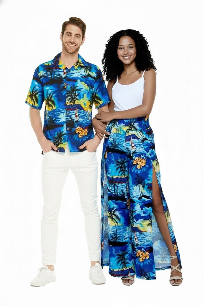 Matchable Couple Hawaiian Luau Shirt or Wide Legged Pants in Sunset Blue