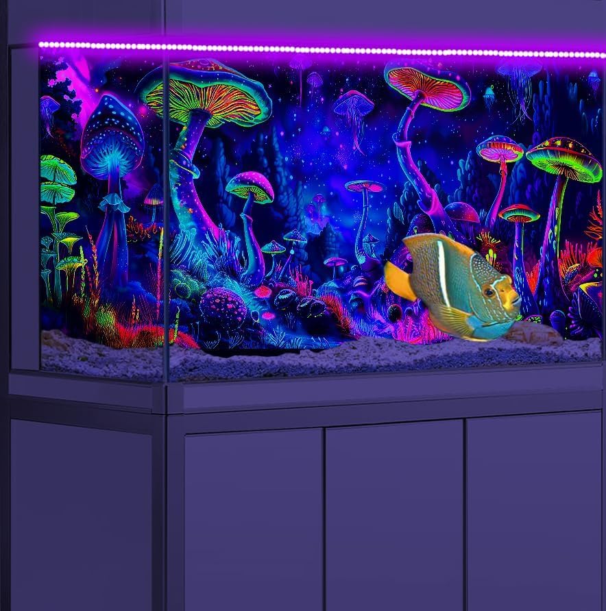 Image of 60X24IN Blacklight Mushroom Black Light Aquarium Background UV Reactive Background Starry Sky Terrarium Mushroom Theme Background with 10 EVA Double-Sided Tape