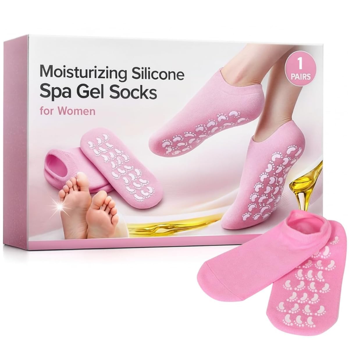 besquestix Moisturizing Gel Heel Socks for Cracked Heels, Silicone Spa Socks for Dry Feet Repair, Heel Pain Relief & Foot Care, Reusable Hydrating Socks for Women , Overnight Heel Softening & Repair Treatment Vitamin E (1 PAIR)(baby pink)