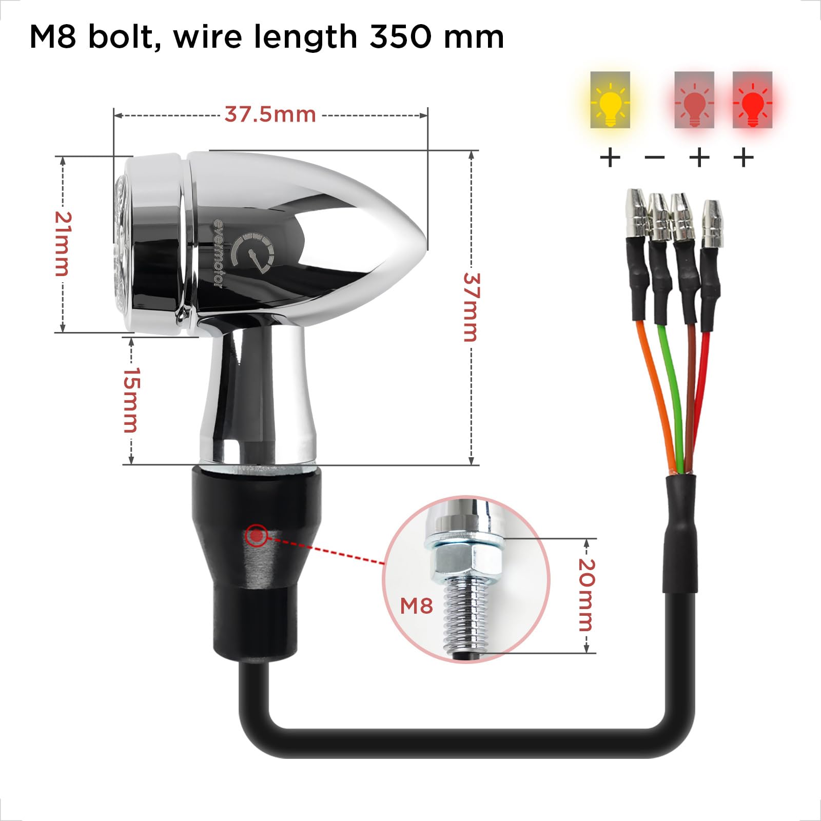 evermotor Chromowane kierunkowskazy LED 3 w 1 z homologacją 3 w 1, proces CNC 12 V, 2 sztuki, do skutera motocyklowego, aluminiowa obudowa, bursztyn, czerwony