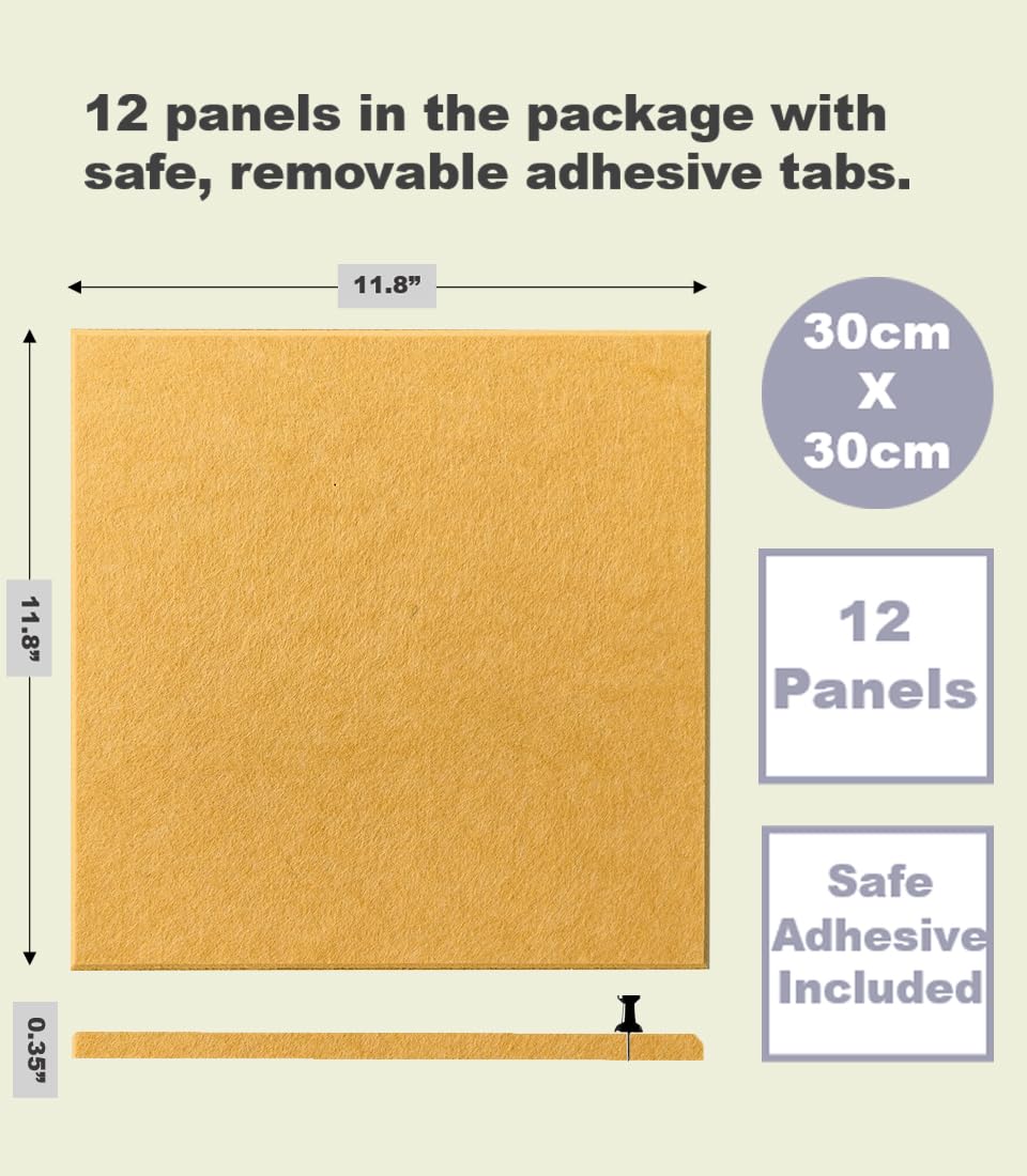 DECORITA Filz-Wandfliesen, große Korktafel-Alternative, ästhetische Filz-Pinnwand für Büro, Zuhause und Klassenzimmer, große Korktafeln für Wände, Pinnwand (12er-Pack), Senf