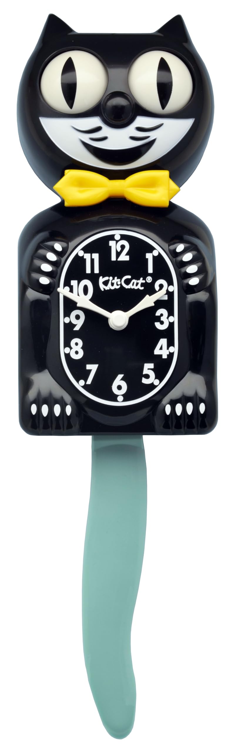 Kit Cat Klock Black Gold Bow Tie and Ocean Wave Tail Clock, Black/White/Yellow