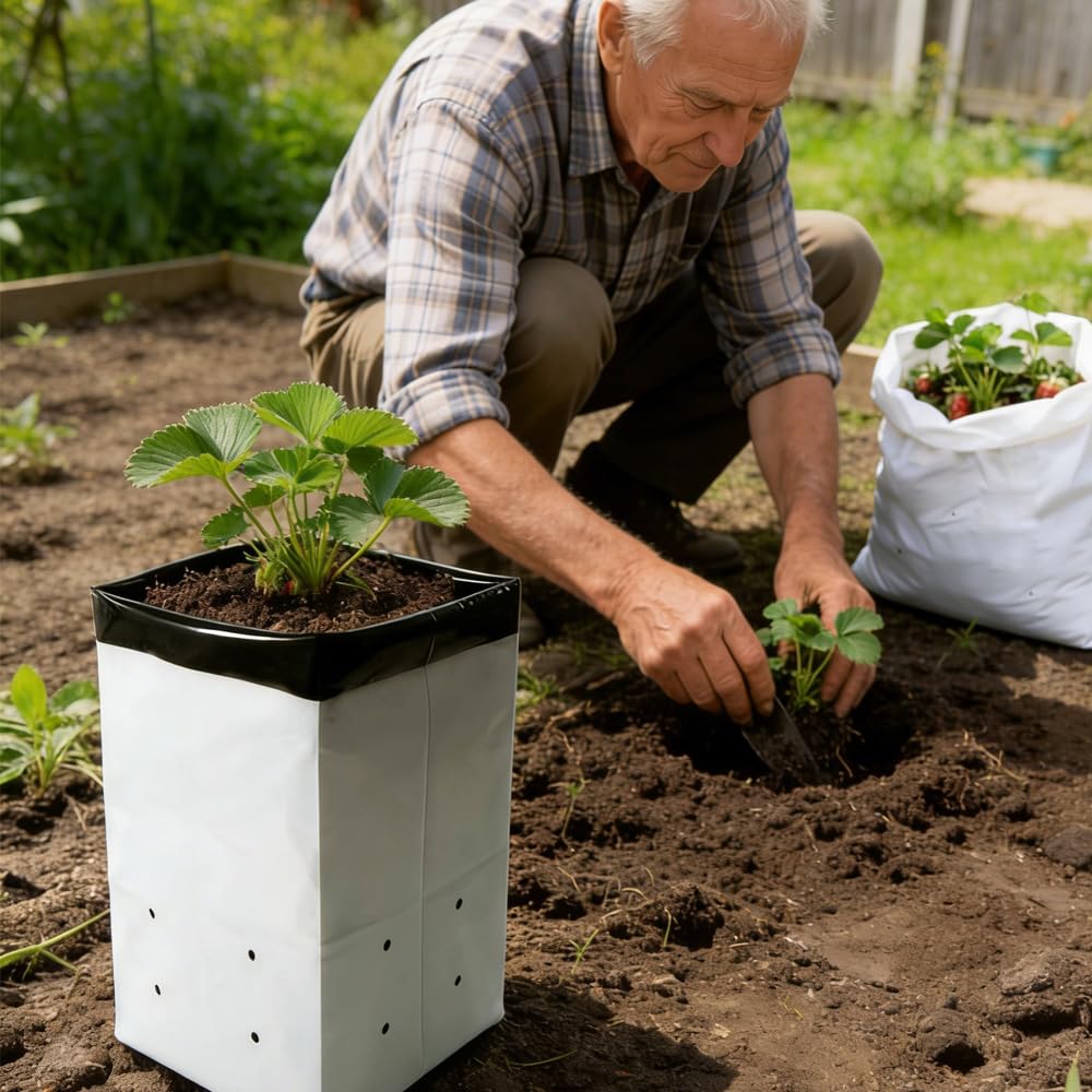 TOP-MAX 25 bolsas de cultivo de plástico con agujeros de drenaje, bolsas de cultivo de plástico transpirable blanco y negro para interiores y exteriores, contenedores de cultivo para verduras, hierbas