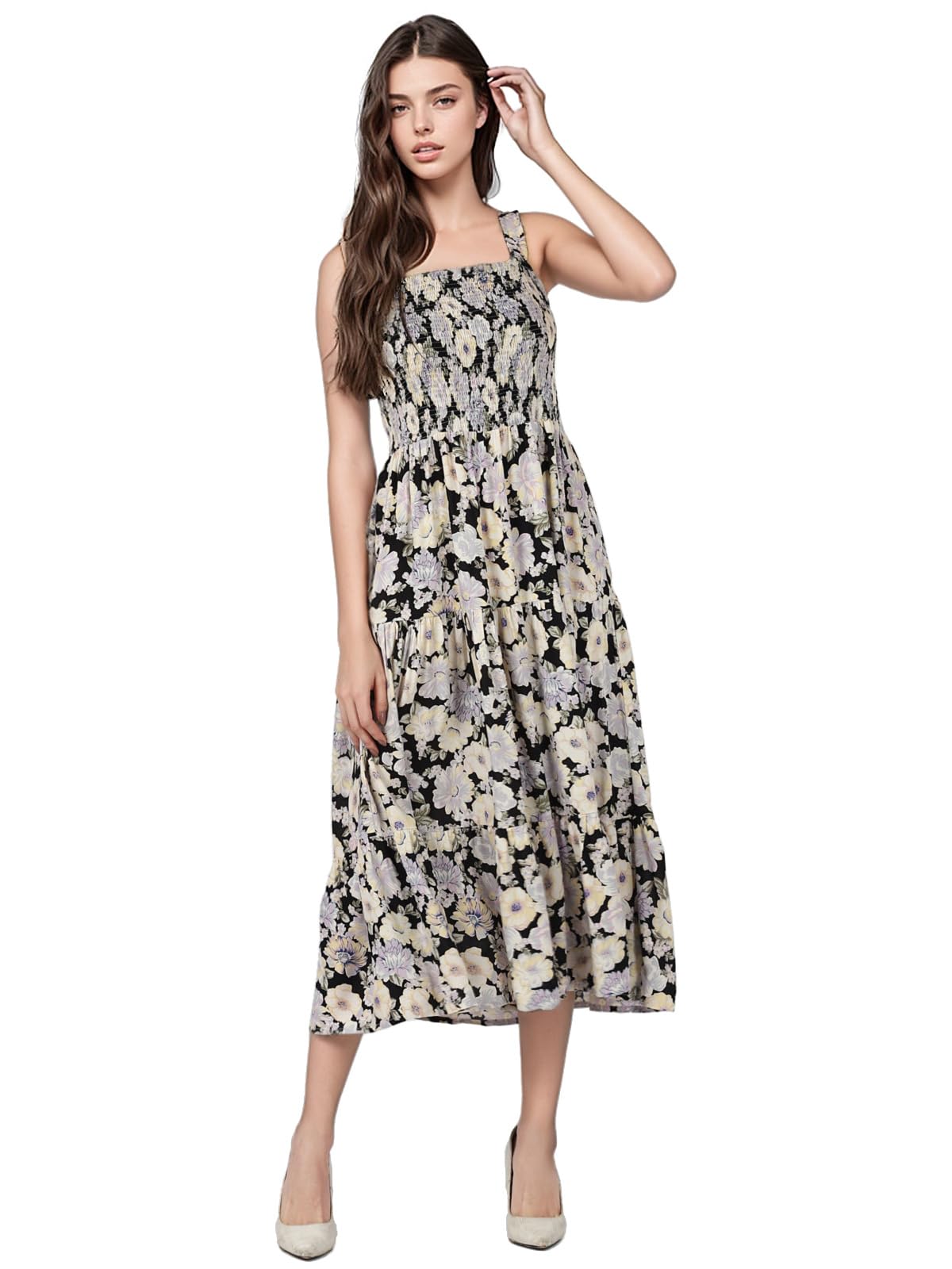 UrbanMark Women Floral Printed Shoulder Strap Sleeveless Fit and Flare Midi Dress with Smocking on Yolk - Black