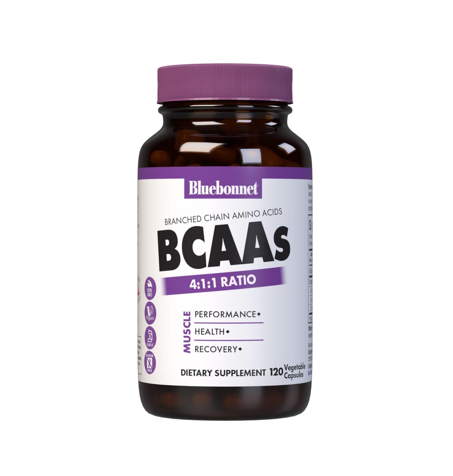 Bluebonnet Nutrition BCAAs 4:1:1 Ratio, Muscle Performance*, Muscle Health*, Muscle Repair*, Non-GMO, Vegan, Kosher Certified, Gluten-Free, Soy-Free, Dairy-Free, 120 Vegetable Capsules, 30 Servings Unflavored 120 Count (Pack of 1)