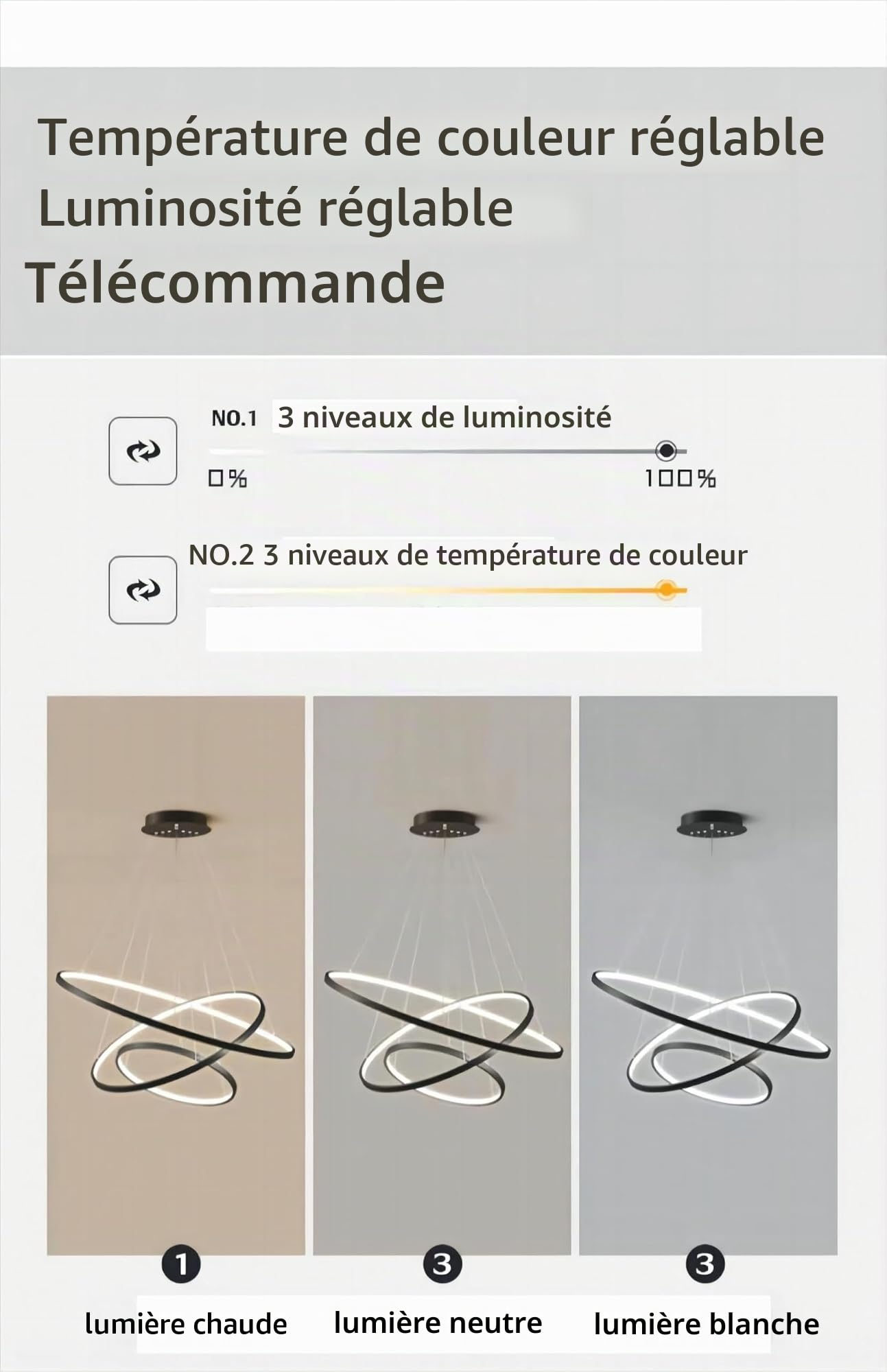 Lustre LED Salon Moderne Suspension Luminaire Noir 115W, Plafonnier Dimmable avec Télécommande, 3 Anneaux Réglable Lustre Suspendu, Decorative Lampe Pour Chambre, Cuisine, Bureau 40+60+80cm