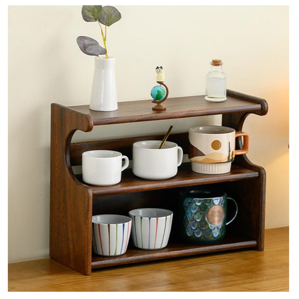 QDZC 3 Tier Coffee Mug Display Rack With Drawers Countertop Spice Jar Organizer Small Cup Holder Kitchen Storage Shelf for Home Office Home Furnishing brown