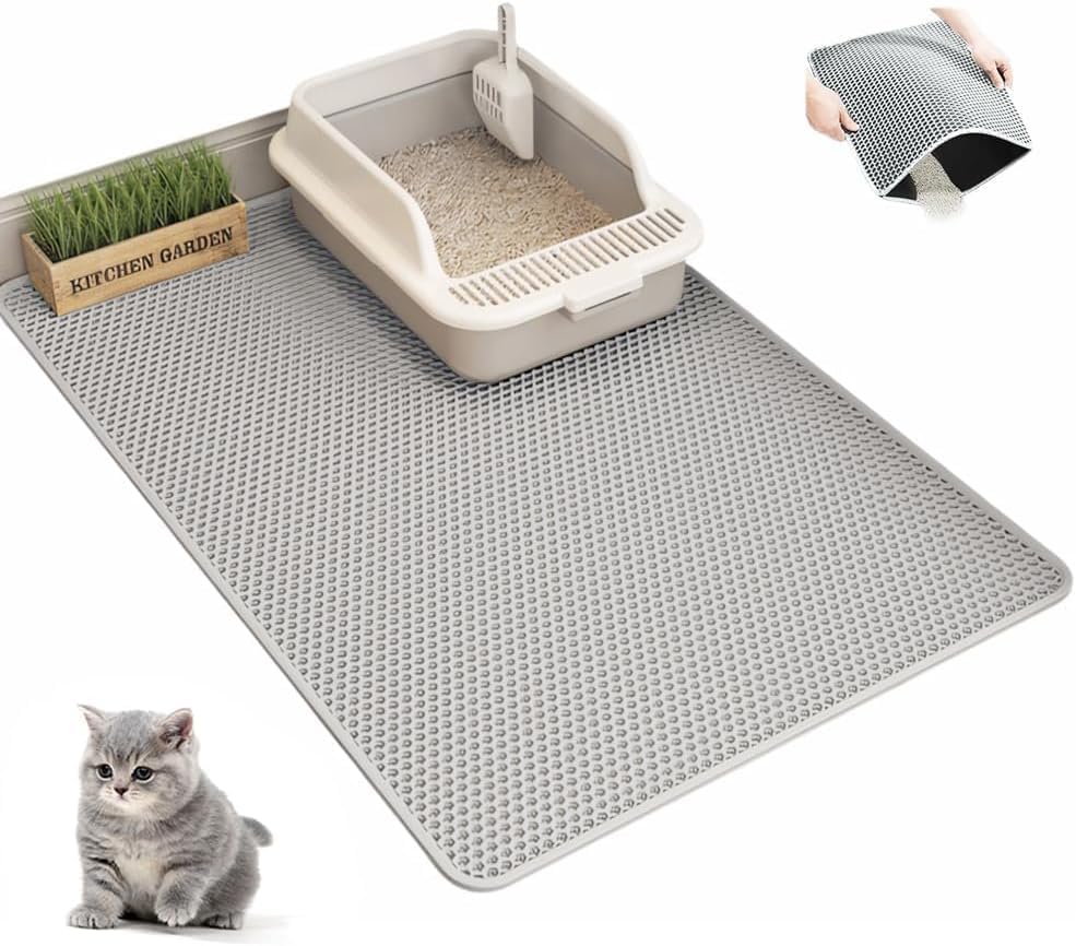 TerraShine 猫用トイレマット 90*60cm 猫砂マット 猫トイレマット ハニカムデザイン 二重EVA 滑り止め 防水防カビ 臭さ防止 飛び散り防止 掃除簡単 多機能 (グレー)