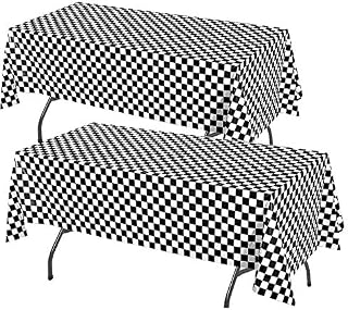 Newthinking Checkered Racing Party Table Cloth, 2 Pack 54" X 108" Rectangular Wipe Clean Plastic Table Cover for Party Decorations, Racing, Birthday Party Supplies(Black and White Checkered)