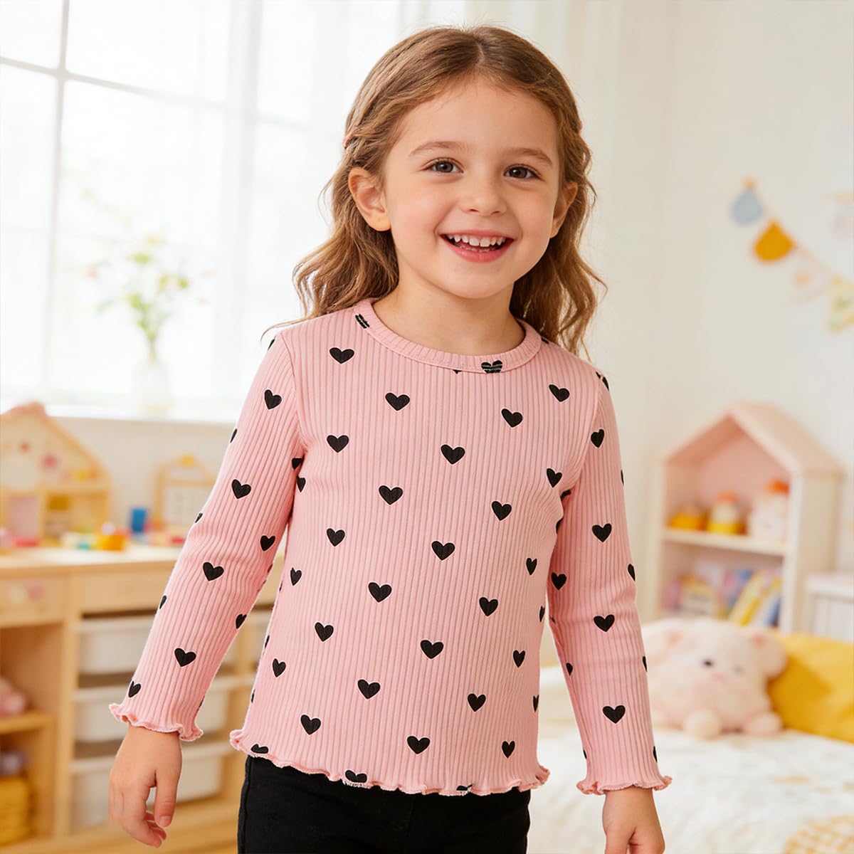 Pack de 3 Niña Camisetas Manga Larga Puños con Volantes T-Shirts Cuello Redondo Tops Básicos para Niños 3-7 años