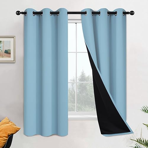 Yakamok Cortinas 100% opacas con aislamiento térmico de ahorro de energía, 2 capas gruesas, completamente opacas con forro negro para dormitorio (42