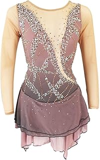 Vestido de patinaje artístico sobre hielo, color latón, morado, negro y amarillo, for competición profesional de patinaje artístico, con diamantes de imitación, mangas largas