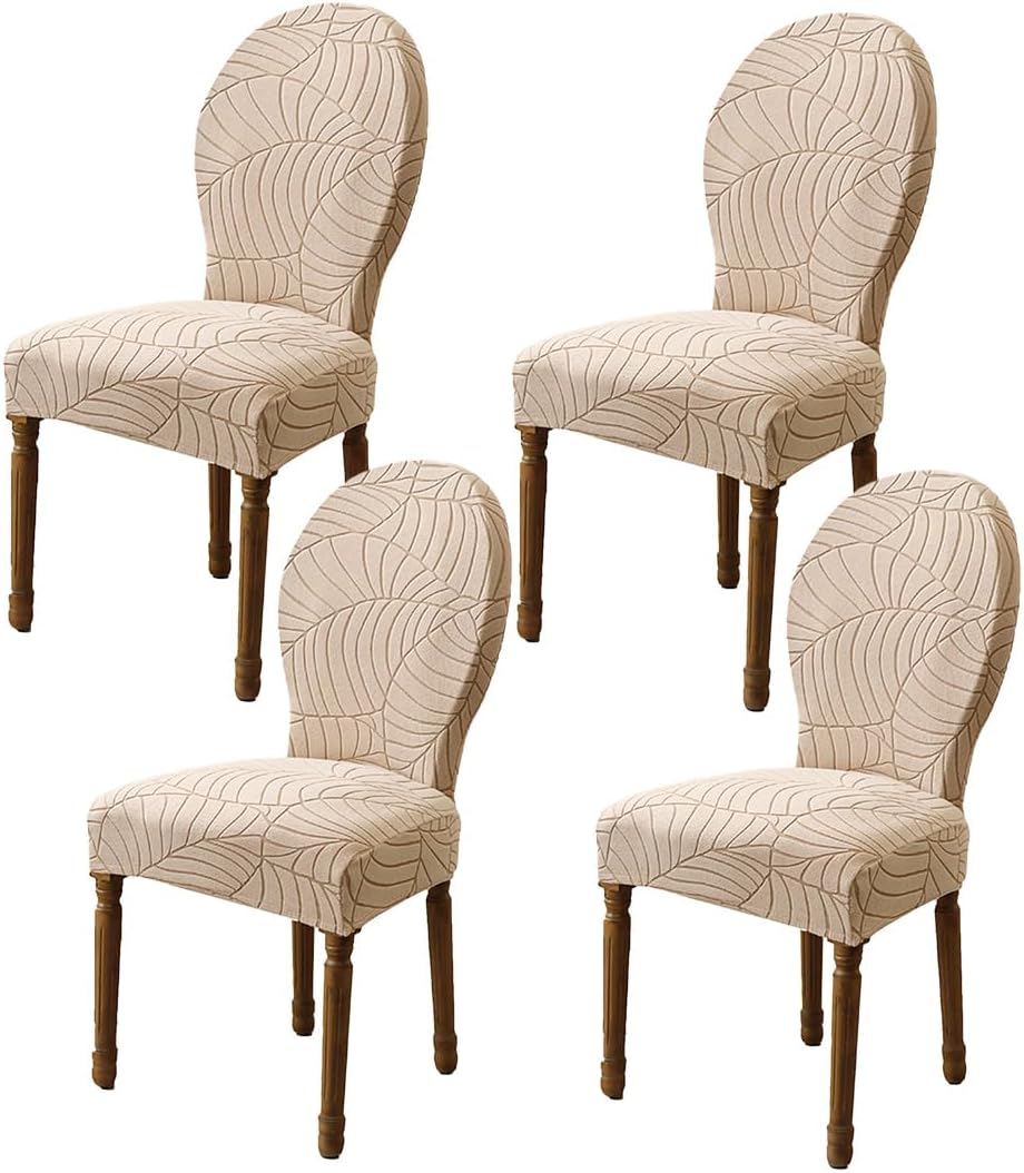 Round Back Dining Chair Cover Stretch Dining Chairs Slipcovers with Round Back French Country Vintage Chairs Cover with Curved Backrest for Banquet Home Decor Set of 4 Khaki