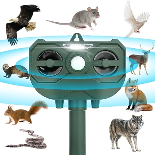 Jumstigate Dispositivos disuasorios de animales alimentados por energía solar, repelente ultrasónico para exteriores con sensor de movimiento, para gatos, perros, pájaros, zorros, roedores, flash LED,