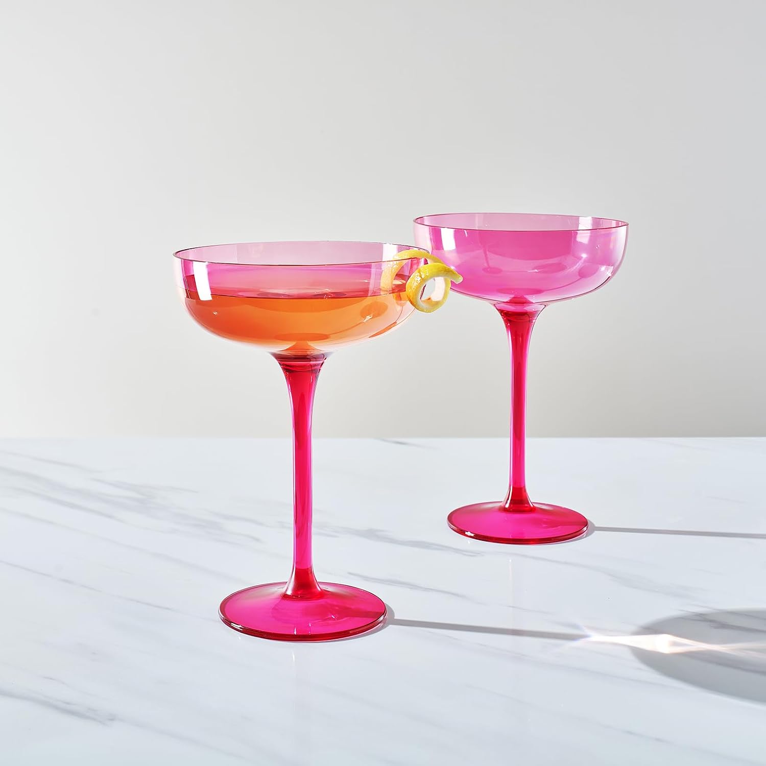 Khen Acrylic Shatterproof Martini, Margarita, Champagne & Cocktail Unbreakable Glasses | Set of 2 | 15oz Large Plastic Coupe Glasses, Tritan Drinkware, BPA-Free, Reusable, Pool (Pink)