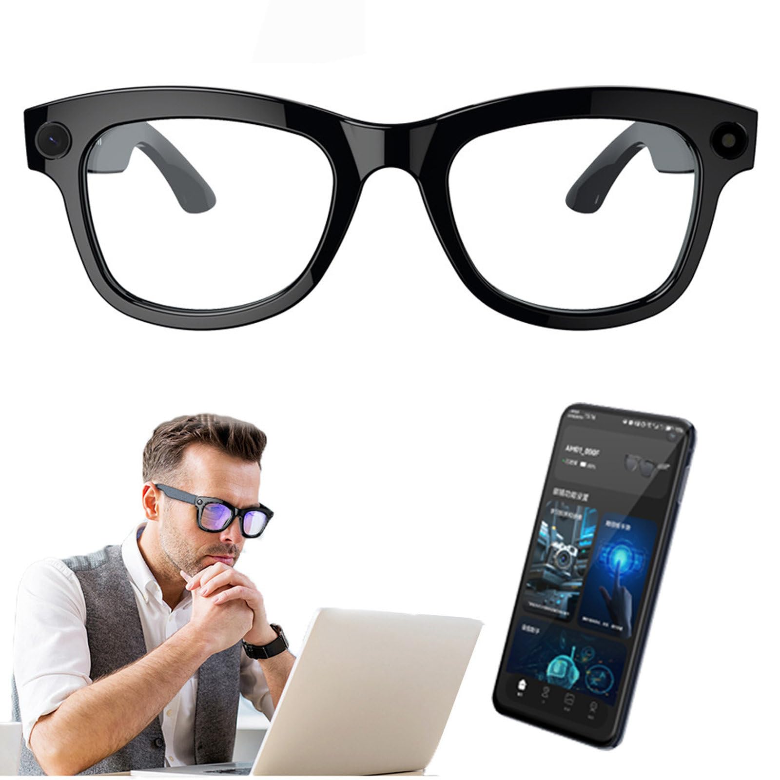 Gafas Inteligentes con IA, cámara de 500 W y Altavoces, ChatGPT Integrado, Control de Voz, WiFi 4.0 + Bluetooth 5.3, traductor Bluetooth Inteligente, para Viajes, música y Llamadas,B