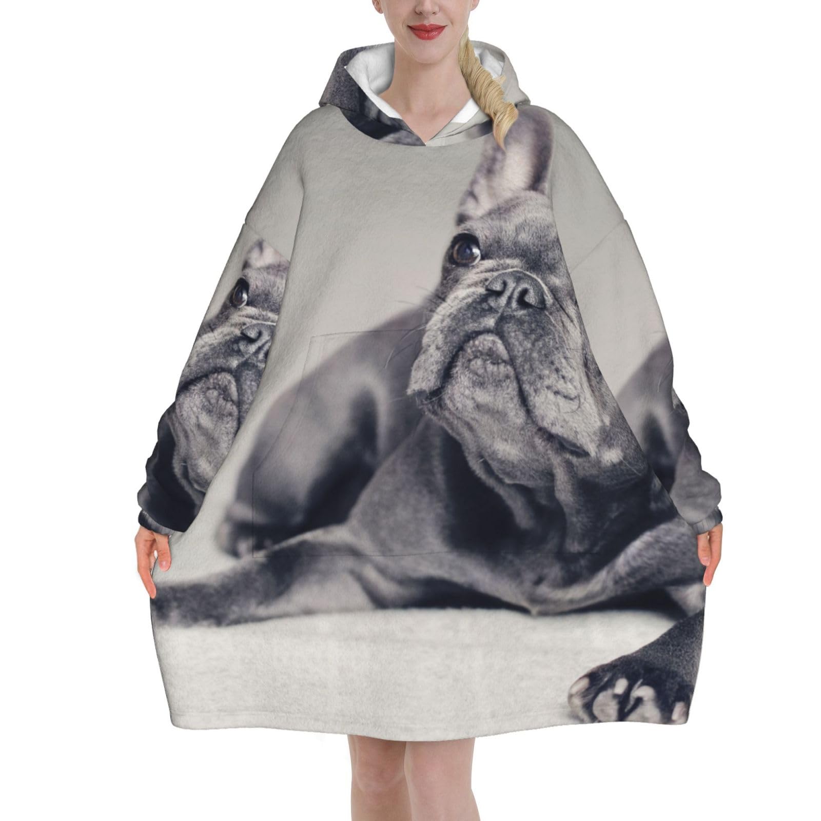 Poadnly Unisex As Picture Frenchie Dog,Women's Oversized Wearable Blanket Hoodie, Blanket Sweatshirt,Flannel Pullover Blanket