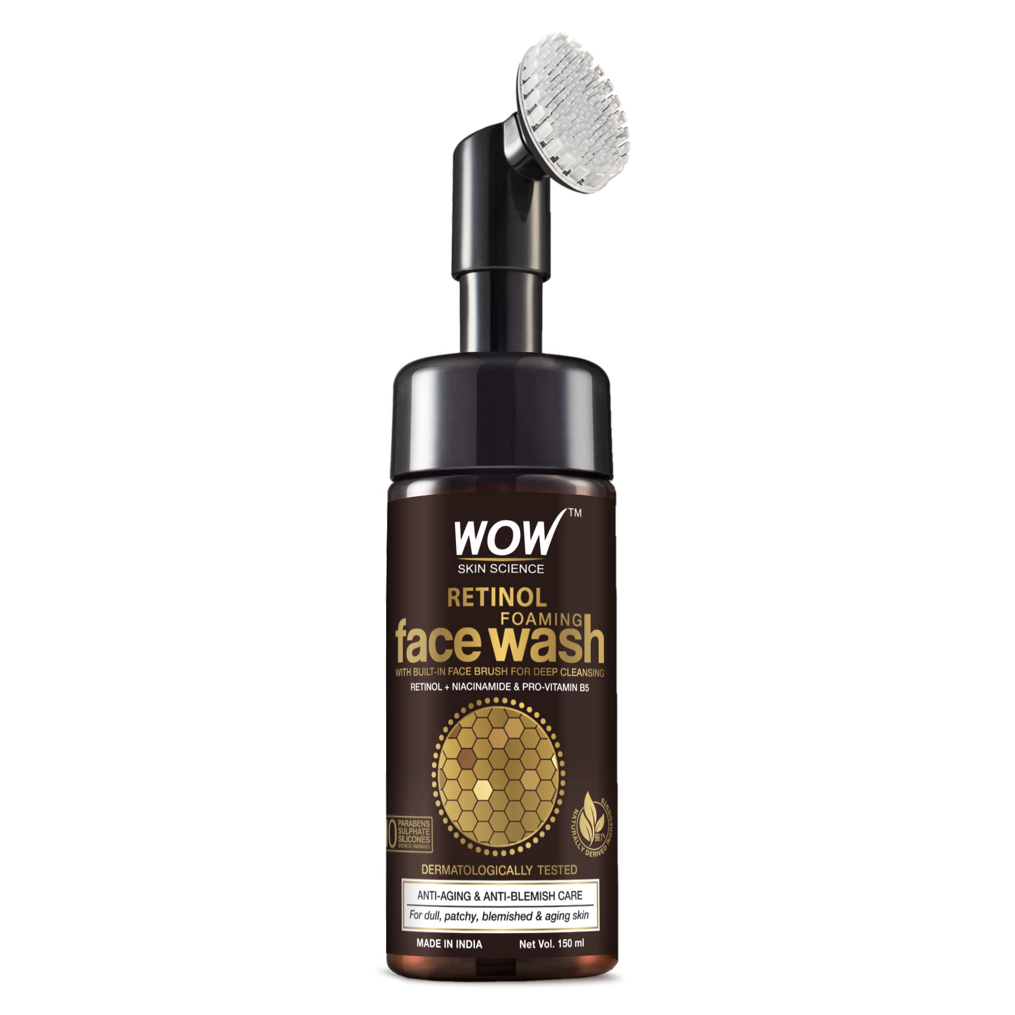 WOW Skin Science Retinol Yüz Temizleme Köpüğü ve Dahili Fırça-İnce Çizgiler, Lekeler Bakım Yüzde Doksan Sekiz, Bir Doğal İçerik Vegan 150ml