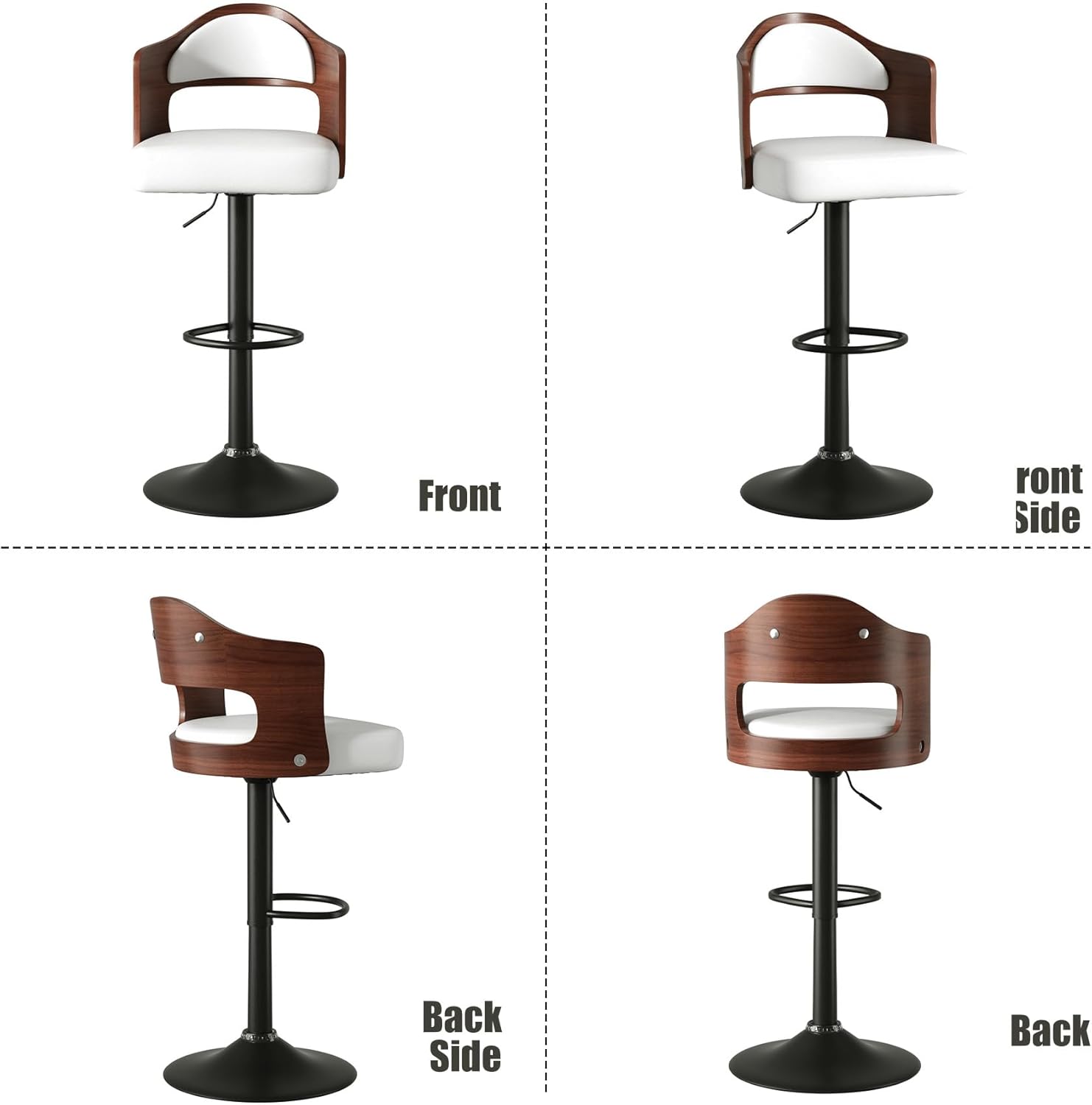 Swivel Bar Stools Set of 1, Wooden Upholstered PU Leather Barstools with Back & Footrest,Seat Adjustable Height 24.5-33.5IN,Counter Height Bar Chairs for Kitchen Island,White