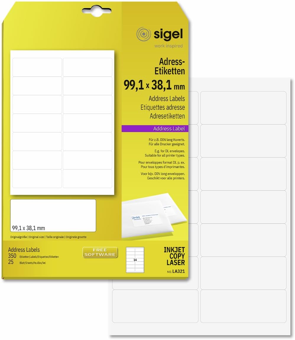 Sigel LA321 Address Labels, 3.9 x 1.5 inches, White, 350 Labels