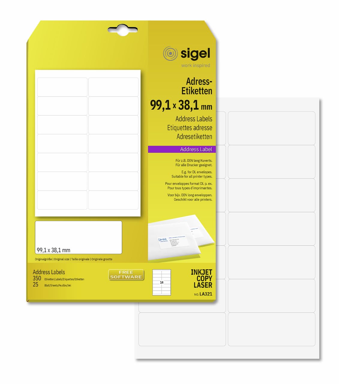 SIGEL LA321 Adressetiketten, abgerundete Ecken, 99,1 x 38,1 mm, 350 Etiketten (25 Blätter), weiß