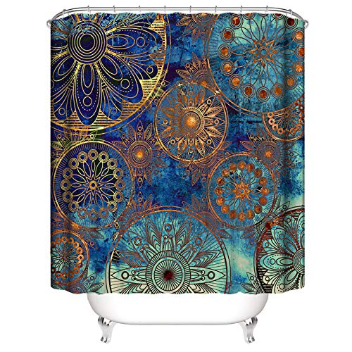 Phnam Golden Mandala Shower Curtain With Hooks 72X72 Inches Blue Extra Long Waterproof Decoration Polyester Cloth Bath Curtains Sets For Bathroom, Bathtub #TOP9
