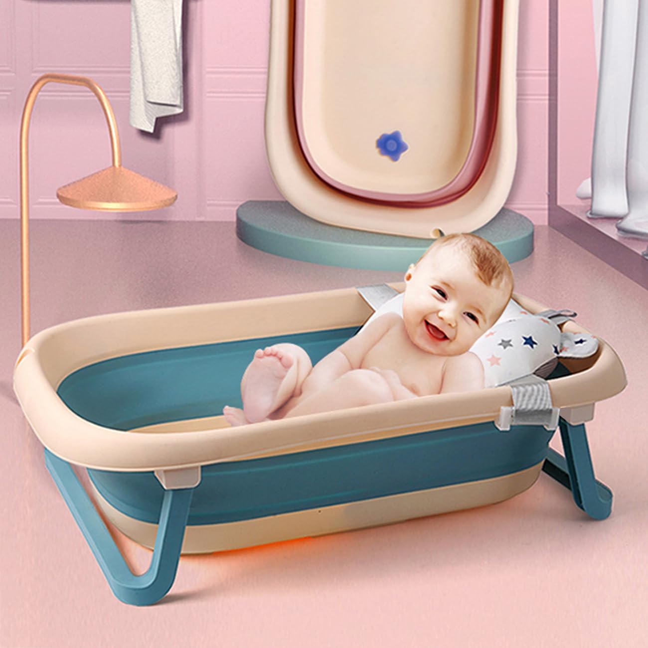 Collapsible Baby Bathtub with Bath Pad Portable Bathtub with Drain Hole Folding Bathtub with Water Temperature Sensing