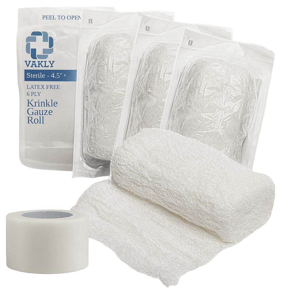 Vakly Sterile Krinkle Gauze Rolls [Pack of 5] Highly Absorbent Fluff 100% Cotton Bandage Roll 4.5"x4.1yds 6-Ply - Individually Wrapped Mesh Gauzes + 1 Roll of Medical Tape