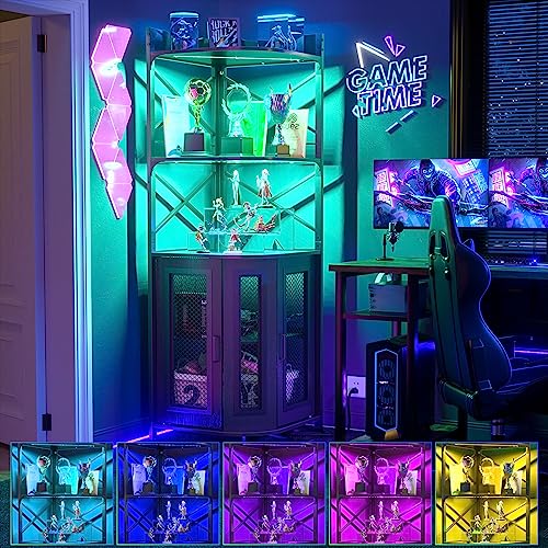 Aheaplus Corner Bar Cabinet with Power Outlet, Industrial Wine Cabinet with LED Strip and Glass Holder, 5-Tiers Liquor Cabinets Bar Unit for Home, Corner Display Cabinets for Small Space, Black