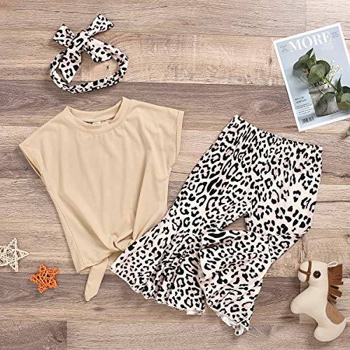 Toddler Kids Girl Leopard Bell Bottom Outfit Set Yellow Shirt Tops + Flare Pants Autumn Clothing Set (Leopard, 12-18 Months)