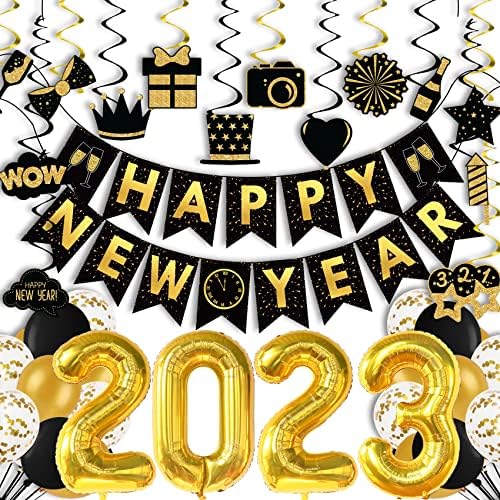 Happy New Year Decorations 2023 Happy New Years Eve Decorations with Happy New Year Banner 2023 Foil Balloons Black and Gold Latex Balloons Hanging Swirl for New Year Eve Party Supplies Decorations
