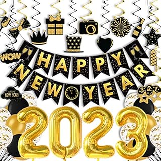 Happy New Year Decorations 2023 Happy New Years Eve Decorations with Happy New Year Banner 2023 Foil Balloons Black and Gold Latex Balloons Hanging Swirl for New Year Eve Party Supplies Decorations