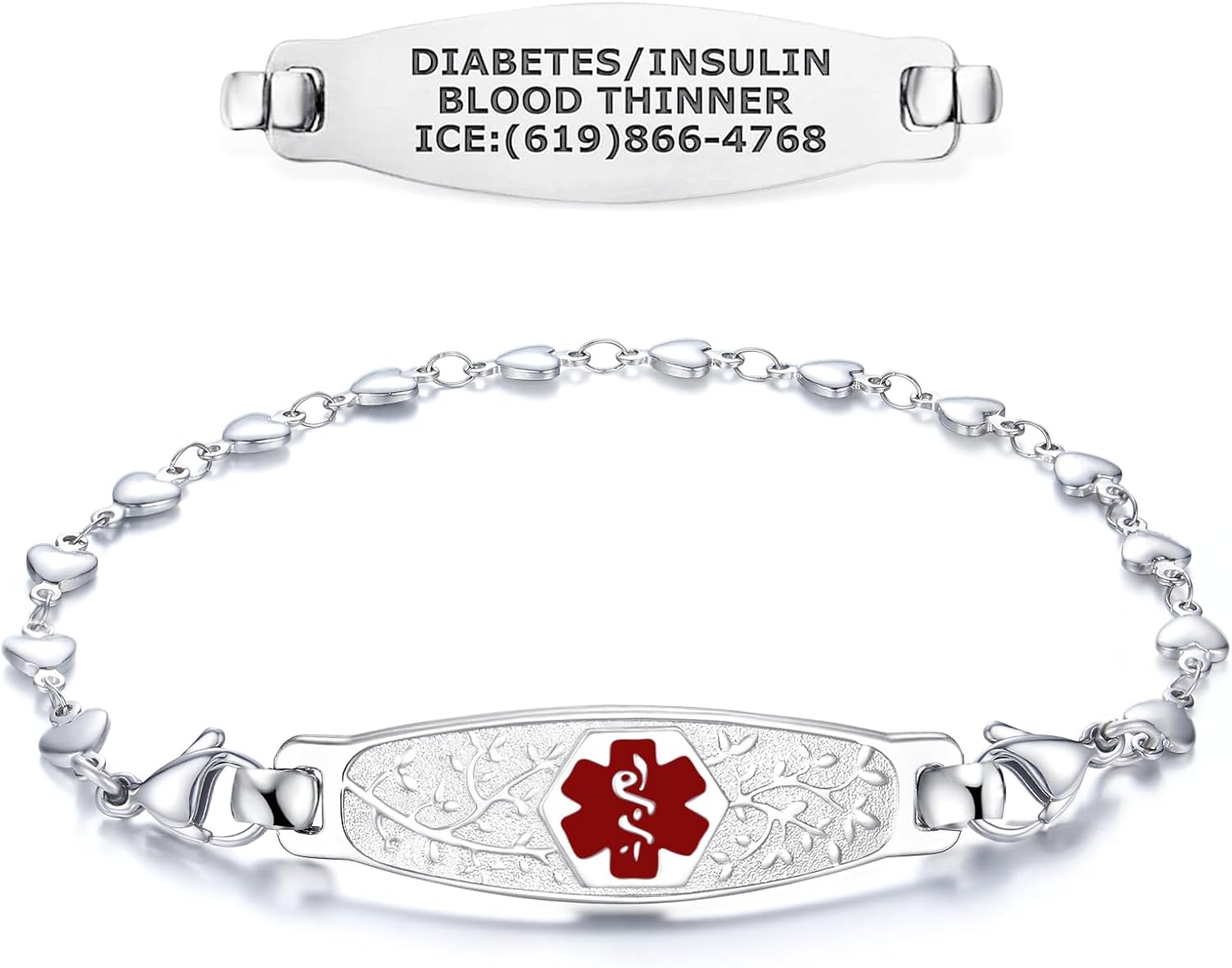 Divoti Olive Stretch Medical Alert Bracelet for Women | Custom Engraved, Olive Bracelet, 4-Line Personalized Emergency ID | Heart Link Chain with Lobster Claw