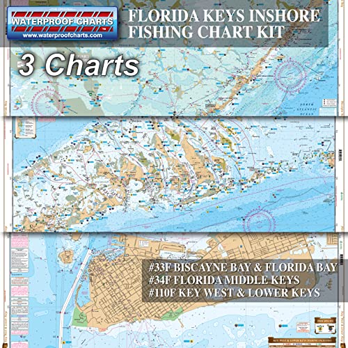 Florida Keys Inshore Fishing Chart Kit, 3 Folded Charts,Easy-to-Read, Large Print, Waterproof Paper, Tear Resistant, Printed on two sides, 2 charts in 1, NOAA Charts