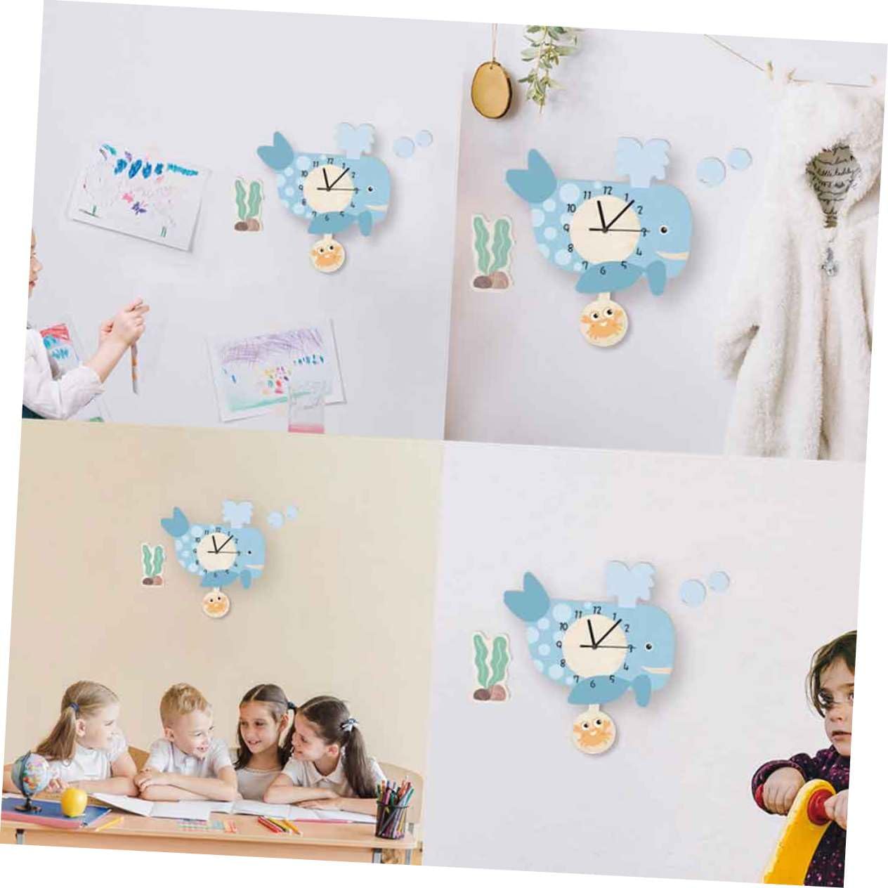 POPETPOP Reloj de Pared de Ballena Péndulo Silencioso y Fácil de Colgar, Diseño Creativo de PVC Adecuado para Oficina o Clase, Decoración Única para Pared