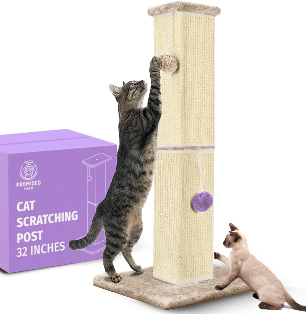 Tall Cat Scratching Post 32 Inches – Cat Scratcher for Indoor Cats Protect Furniture – Durable and Sturdy Design – Aesthetic Cat Accessories Essentials Beige/Purple