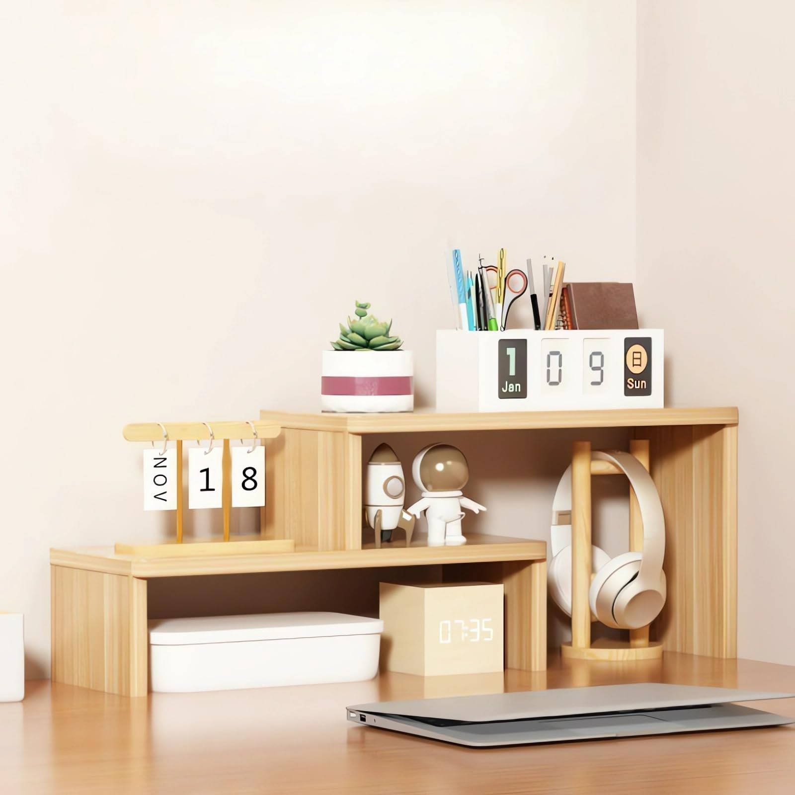 Półka na biurko, 2-poziomowy drewniany regał na książki, minimalistyczny design, E68 (biały, 60 x 17 x 23 cm) - stylowe przechowywanie do domowego biura i gabinetu