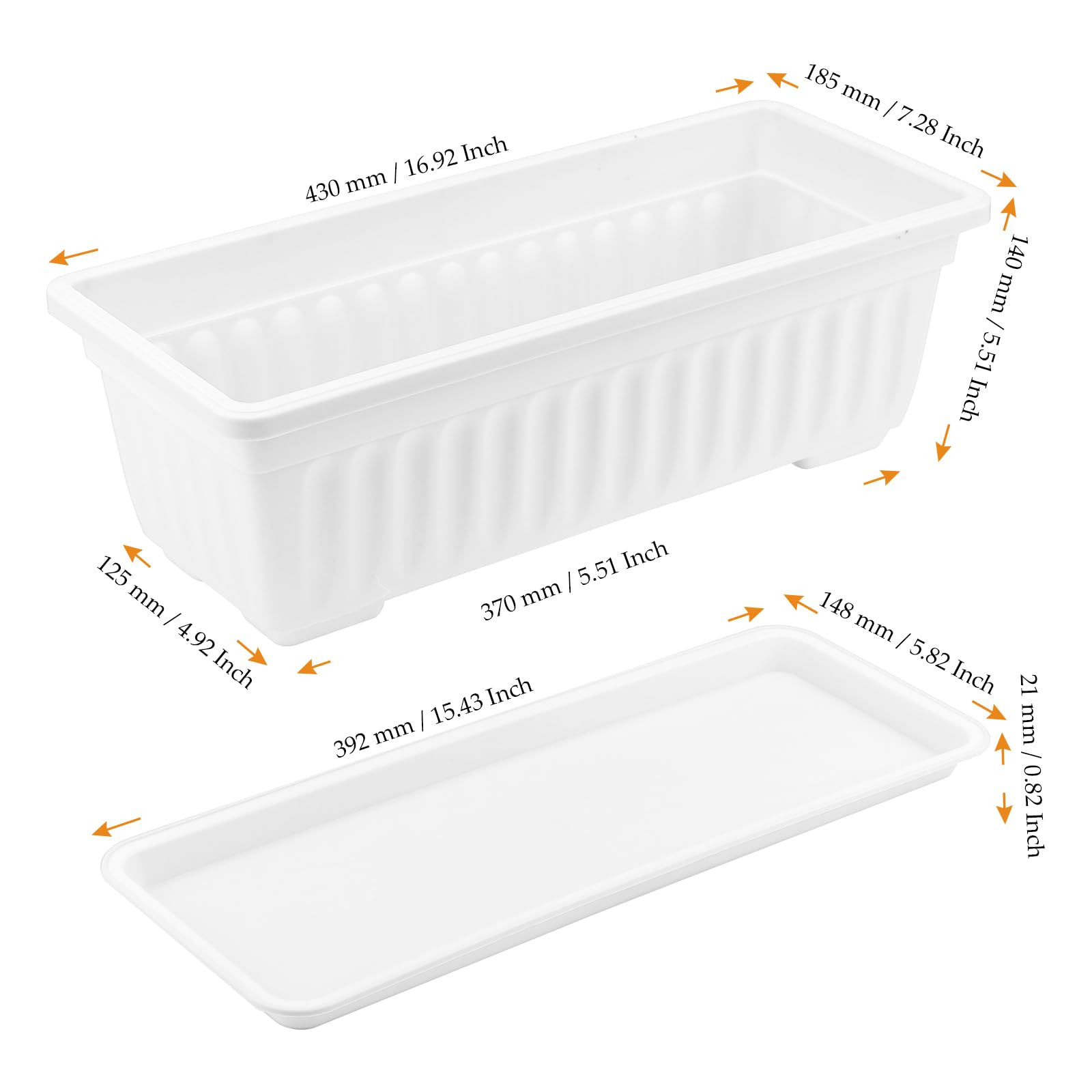 4 Vasi Rettangolari da 43 cm con Sottovaso, Bianco, per Esterno