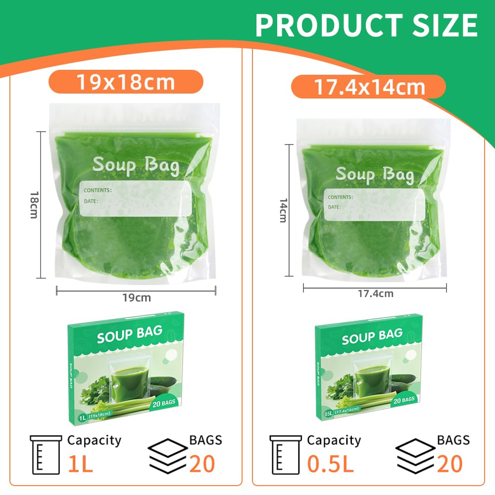 20 bolsas de almacenamiento de líquidos reutilizables para almacenar sopas, chilis, salsas boloñesas, curries, cualquier líquido (500 ml)
