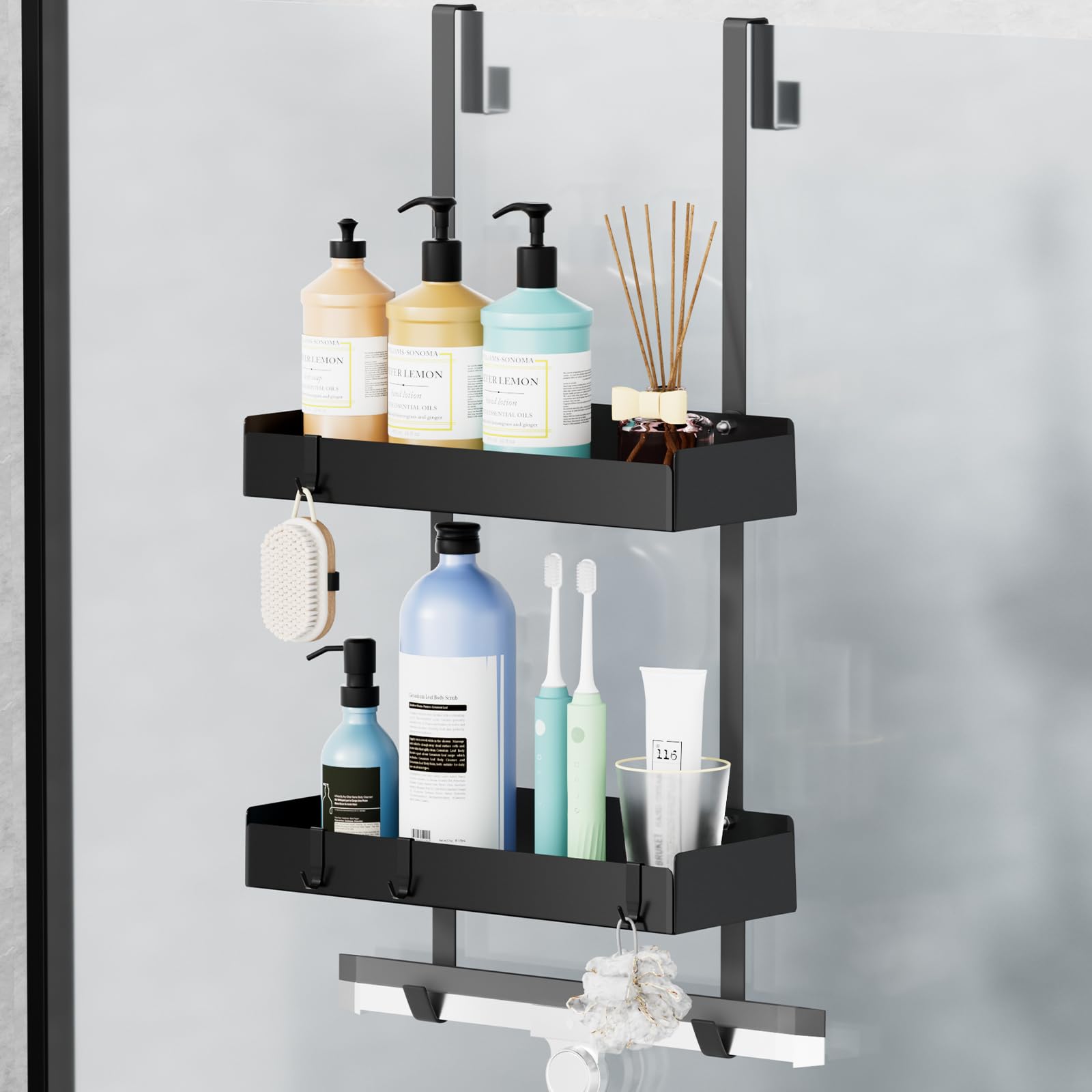 Wisfame Shower Caddy Hanging Organiser Storage, Rustproof Over Door Shower Shelf Basket No Drilling with 8 Hooks
