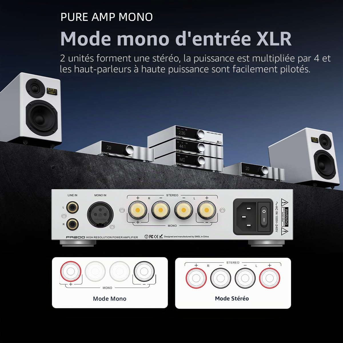 Amplificateur de puissance SMSL VMV PA200 avec le nouveau GaN-FET Infineon, stéréo pur, mode pass-through, puce PGA2311, entrée XLR mono, Hi-Res RCA