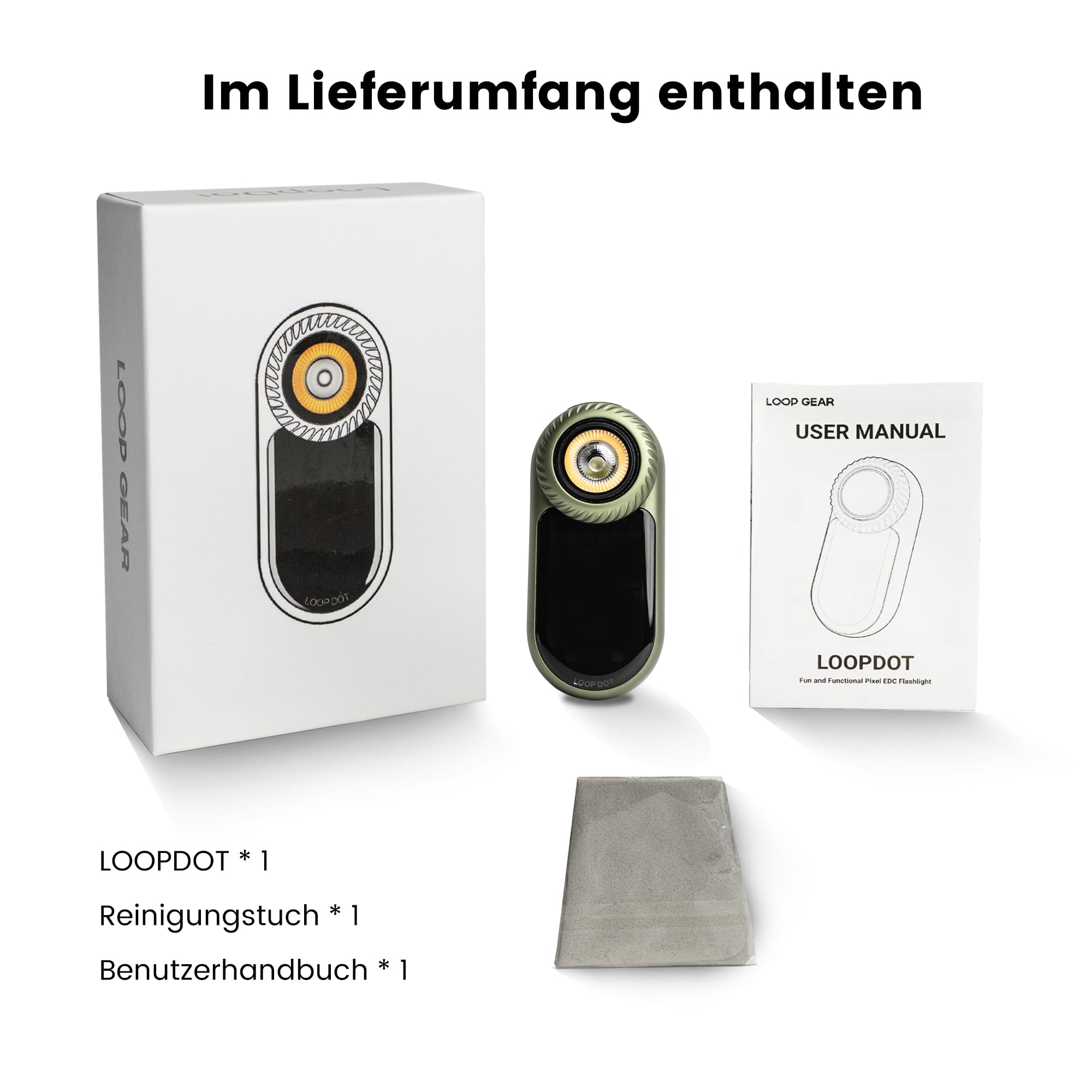 LOOP GEAR LOOPDOT Aufladbare LED Taschenlampe, 400 Lumen Mini Flashlight mit RGB Pixel Display und Interaktiven Spielen. IPX6 Wasserdicht für Outdoor, Camping, Wandern, Partys (Grün)