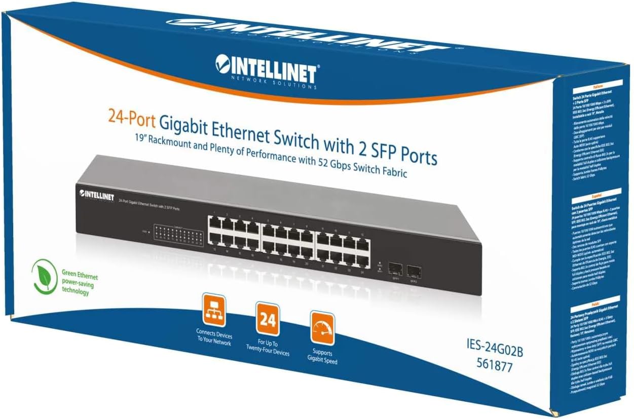 Intellinet 24-Port Unmanaged Gigabit Ethernet Switch - 2 x 1Gbps SFP Ports, Rackmount / Desktop, Plug & Play, Green Ethernet, Autosensing Ports, Sturdy Metal, Fanless & Quiet - 561877