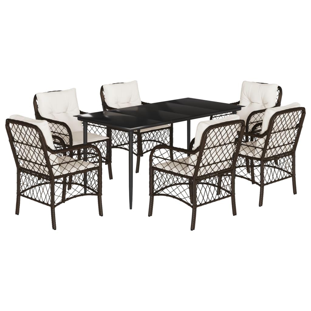 Set di mobili da giardino in polyrattan con cuscini, tavolo da pranzo con piano in vetro, poltrone da giardino con cuscini imbottiti spessi, rivestimenti rimovibili e lavabili
