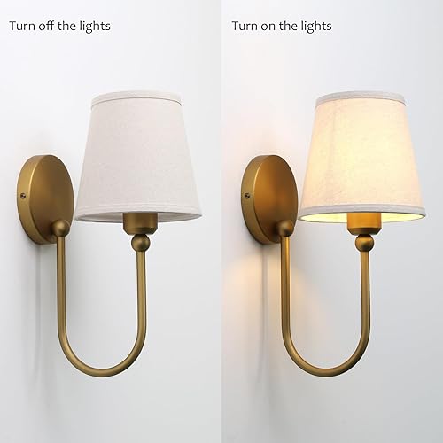 Miniatura 7 de Pathson Antique Linen Fabric Wall Sconces Set of 2, Hardwired Curved Arm Bathroom Vanity Light, Indoor Wall Decor Lamp for Living Room, Kitchen,