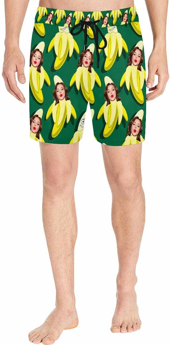 Custom Face Men's Stretch Swim Trunks Personalized with USA Flag Quick Dry Drawstring Elastic Waist Shorts Bathing Suit