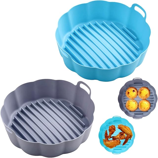 Air Fryer Silicone Pot, 7.5inch Reusable Air Fryer Liners, Air Fryer Accessories, Air Fryer Silicone Liner, Airfryer Liners Air Fryer Basket Fits Ninja Air Fryer (Gray + Blue)